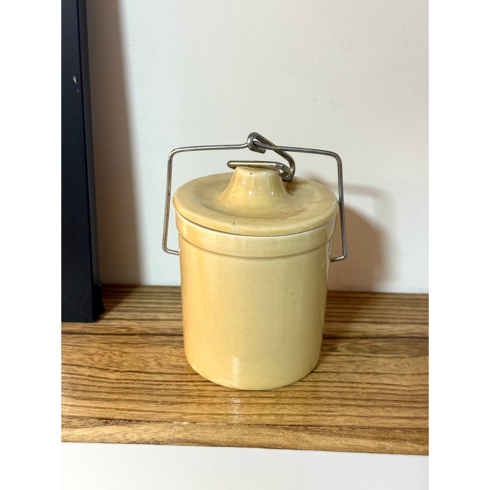 Vintage Beige Stoneware Butter Crock Ceramic Lidded Jar Wire Handle